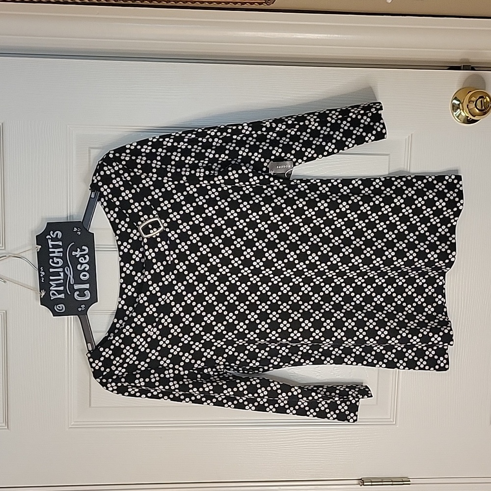 Kim Rogers Medium Blouse Black White Tan Dots New